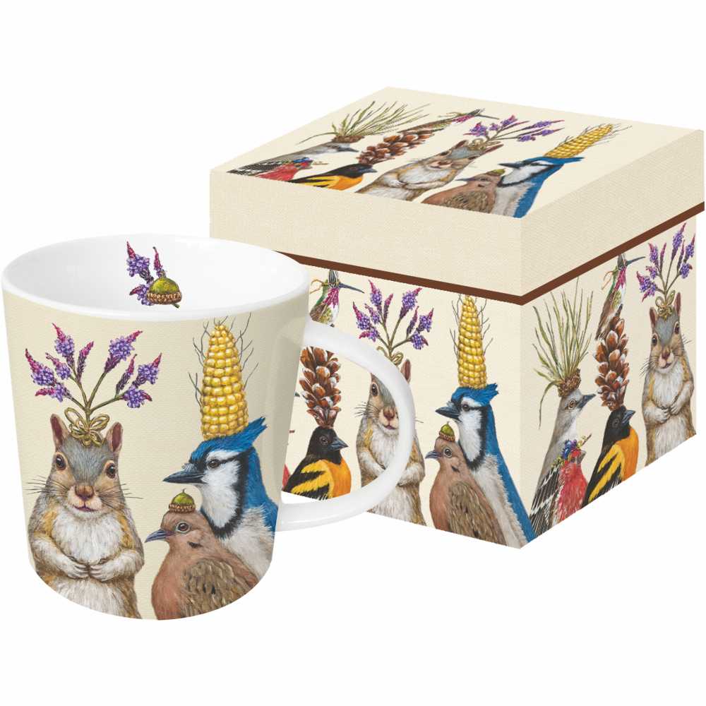A colorful mug with a 'Party Snacks' design, featuring animal characters and party hats, presented in a matching gift box.