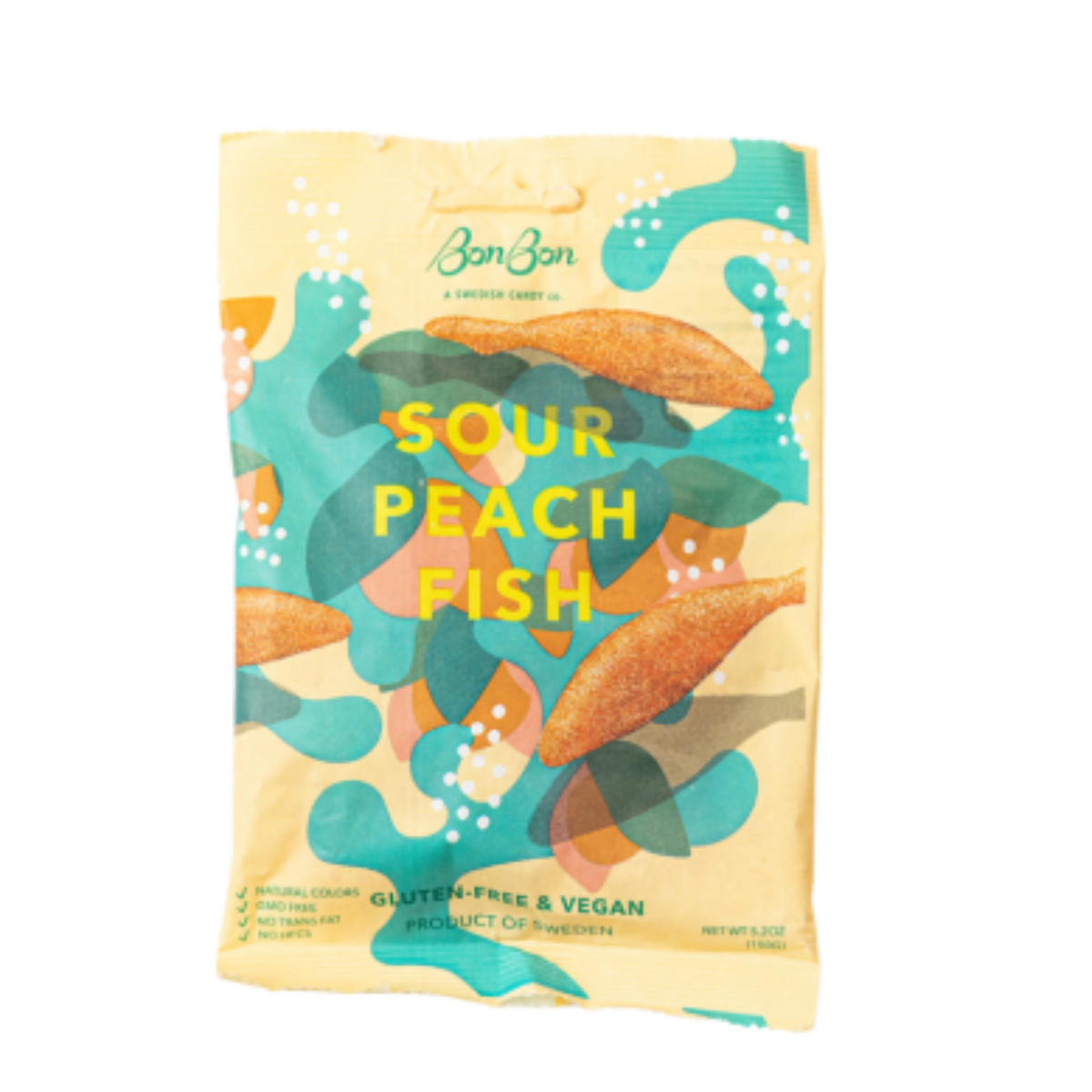 A package of Sour Peach Fish candy by BonBon, indicating gluten-free and vegan friendly properties.