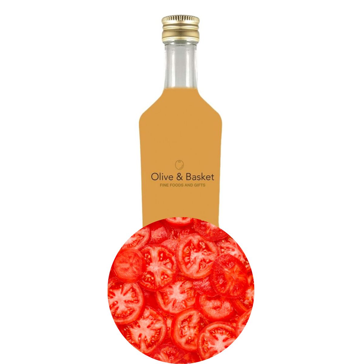 Bottle of Tomato White balsamic vinegar with icon of tomato slices.