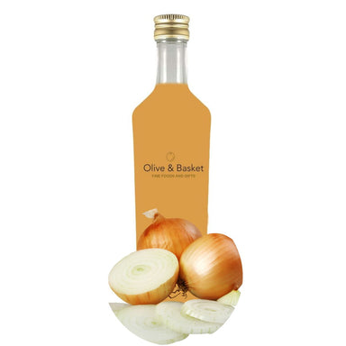 Bottle of vidalia onion white balsamic vinegar with icon of two whole onions next to a sliced onion.