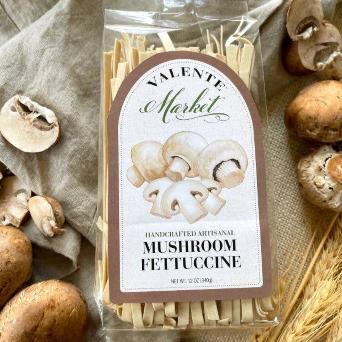Mushroom Fettuccine, valente pasta, olive and basket