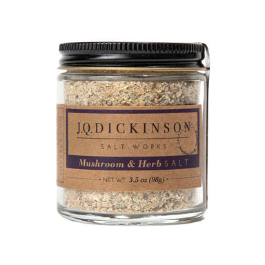 Mushroom Herb Finishing Salt- J. Q. Dickinson, Harvested and handcrafted from an ancient ocean trapped below the Appalachian Mountains, olive and basket