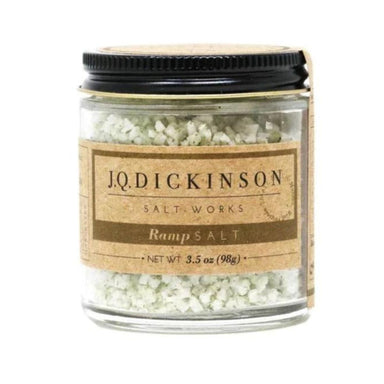 Ramp Finishing Salt- J. Q. Dickinson, Harvested and handcrafted from an ancient ocean trapped below the Appalachian Mountains, olive and basket