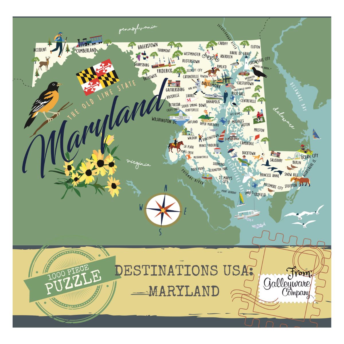 A colorful illustration of a jigsaw puzzle depicting the state of Maryland, including iconic symbols and flora.