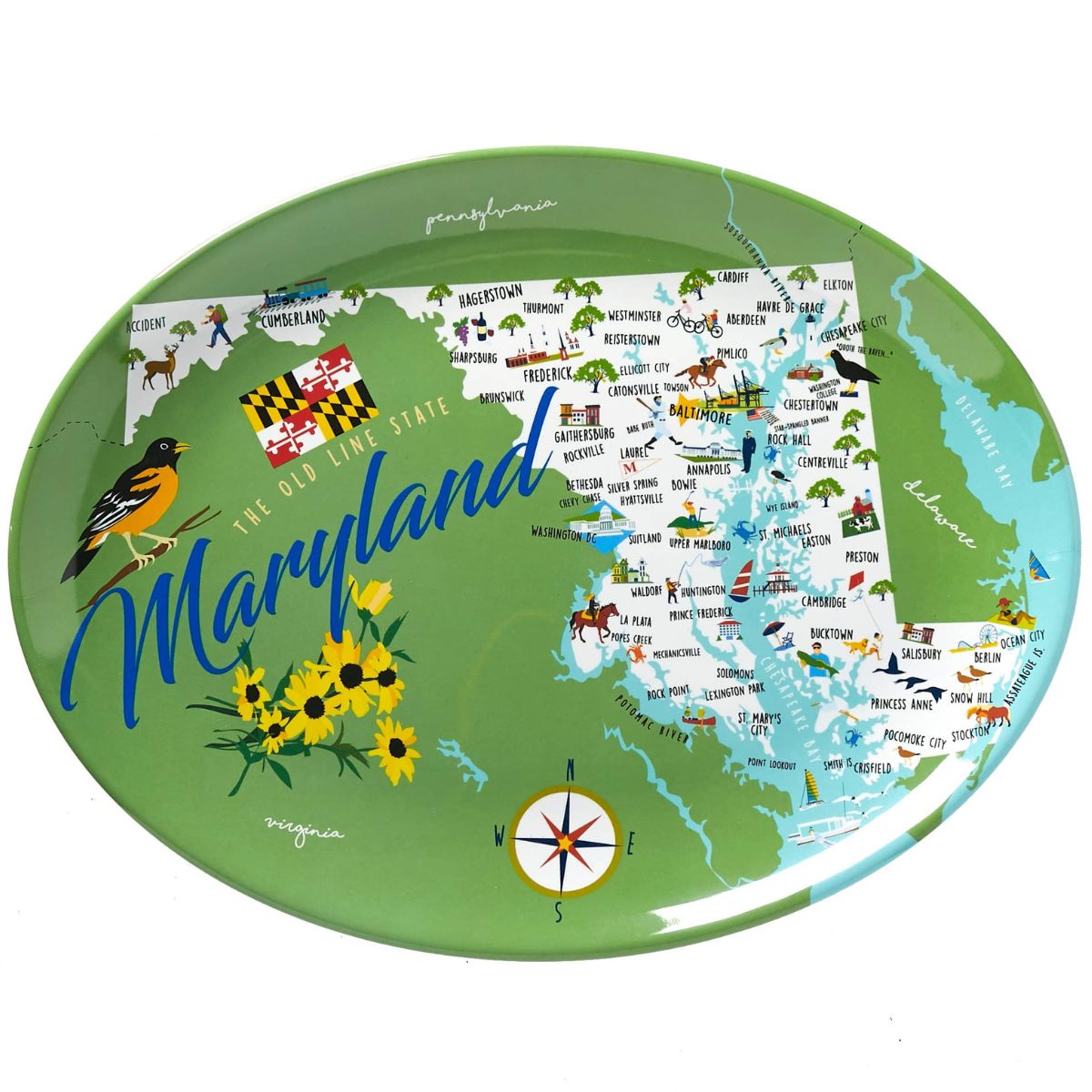 A 16-inch oval platter with whimsical artwork depicting the state of Maryland and notable towns and sightseeing locations, rendered in vibrant colors.