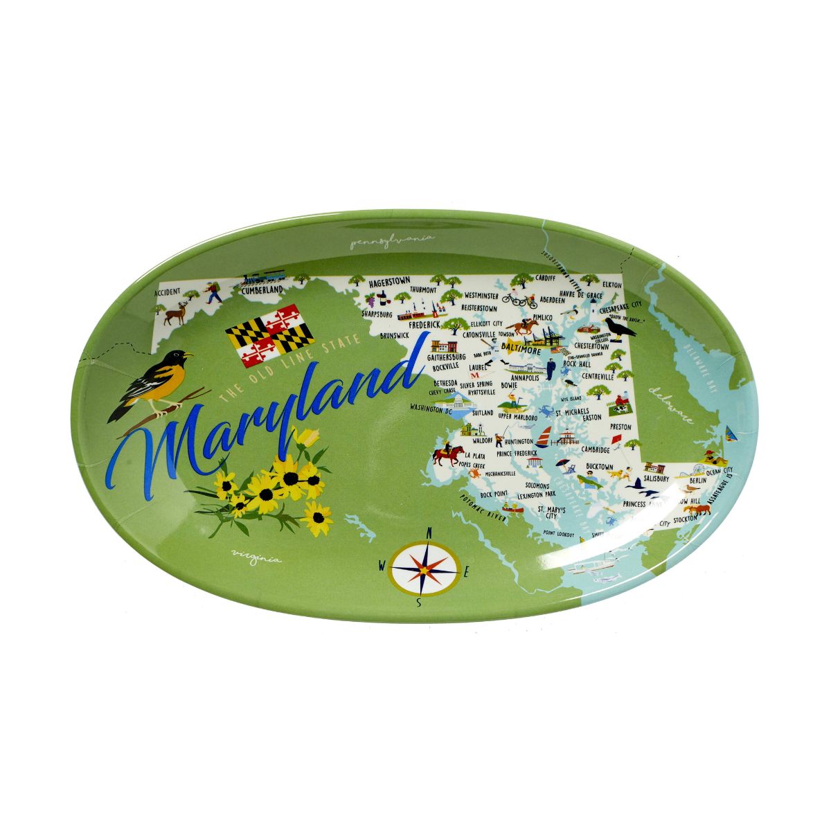 An oval-shaped melamine dish with a whimsical illustration of the state of Maryland, including iconic symbols and a compass rose on the map.