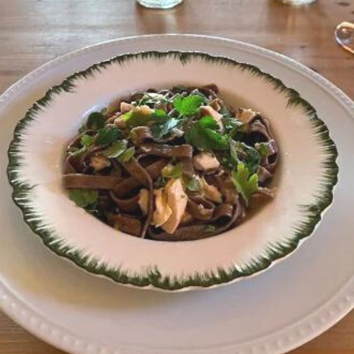 mushroom fettuccine, valente pasta, olive and basket