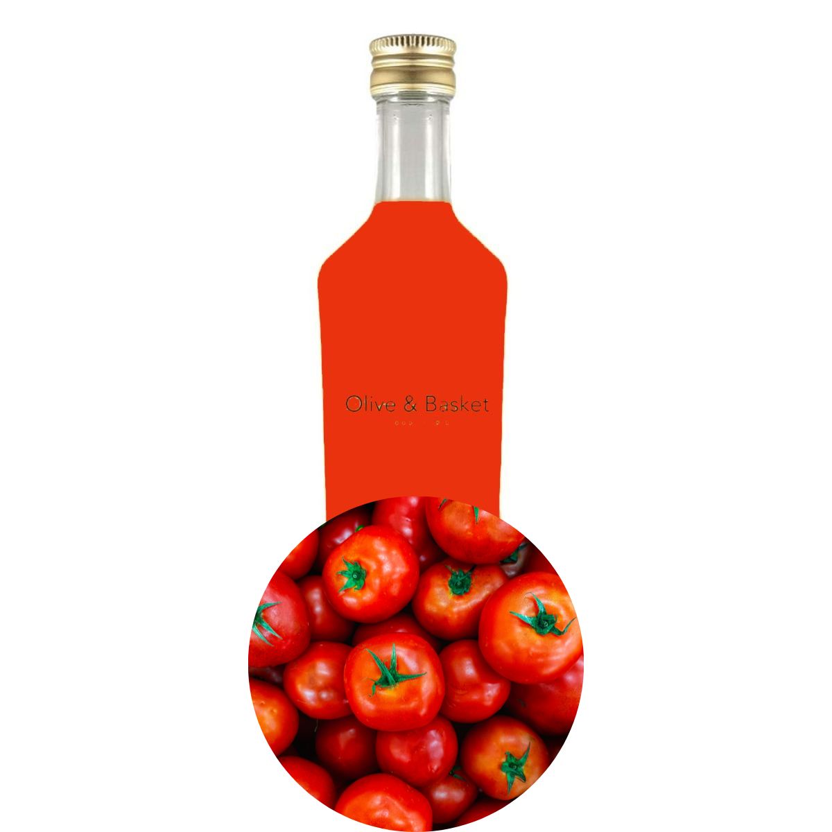 tomato pulp vinegar, olive and basket, fresh tasting, like eating a tomato