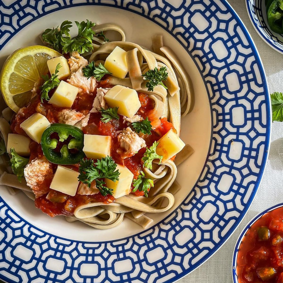 jalapeno,fettuccine, valente pasta, olive and basket